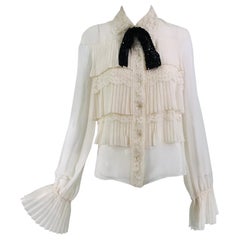 Valentino F/W 2006 Off White Silk Pleated Front Black Sequin Bow Tie Blouse UWT