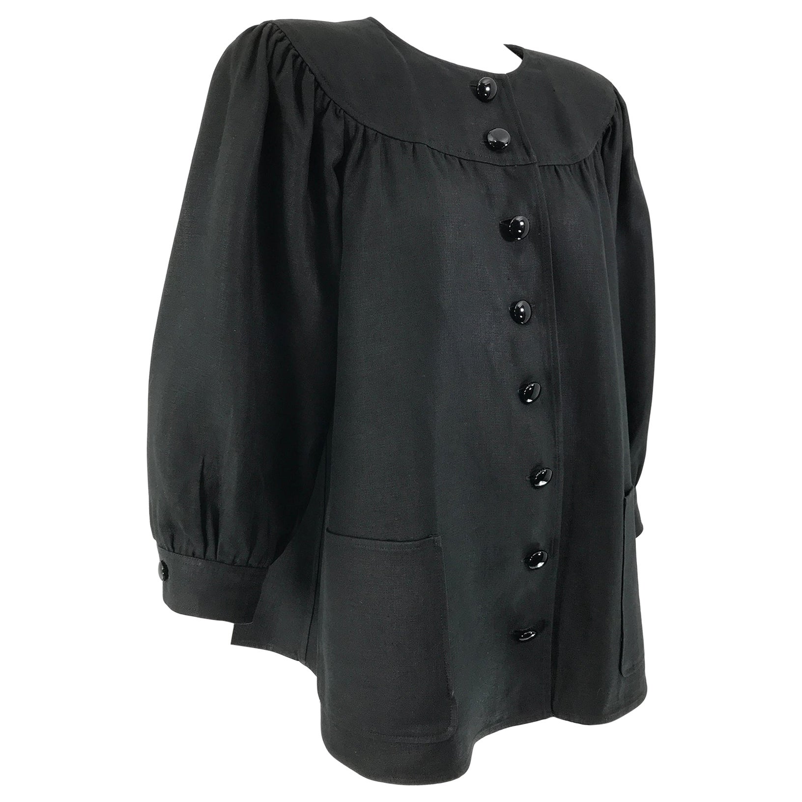Oscar de la Renta Black Linen Button Front Full Sleeve Hip Pocket Jacket 1980s For Sale