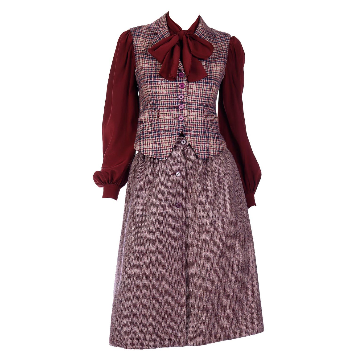 Jean Patou Vintage 3 Piece Burgundy Plaid Culotte Skirt Vest & Blouse Outfit For Sale