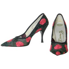 1950s Stiletto Pumps Sheer Black with Embroidered Red Roses