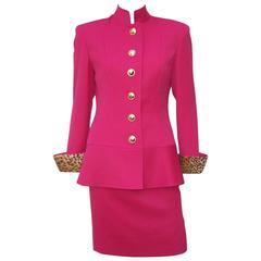 C.1990 Raspberry Red Valentino Dress Suit With Cheetah Print Vents & Cuffs