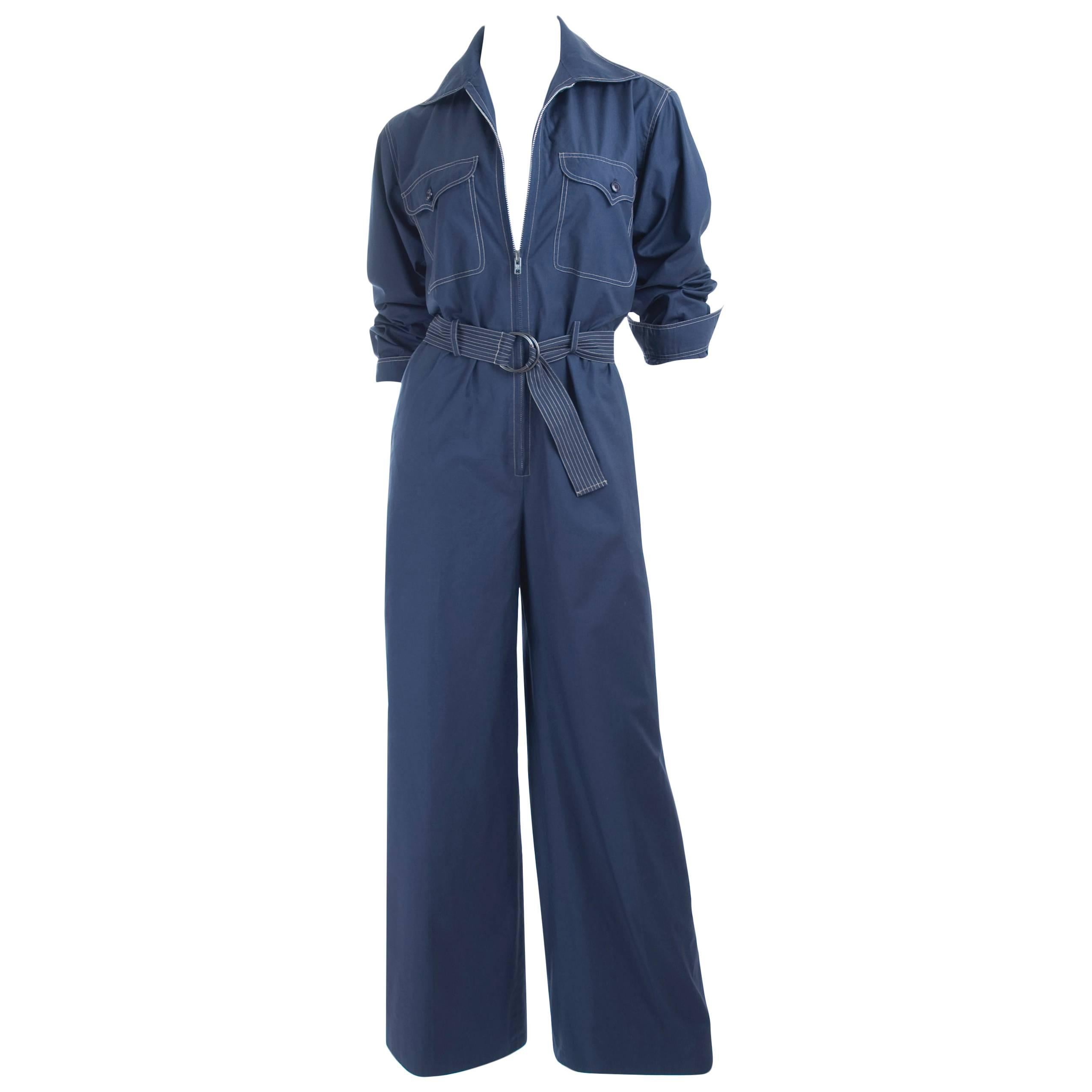 RARE Vintage 1970 Yves Saint Laurent Jumpsuit Navy with Contrast Stitching For Sale