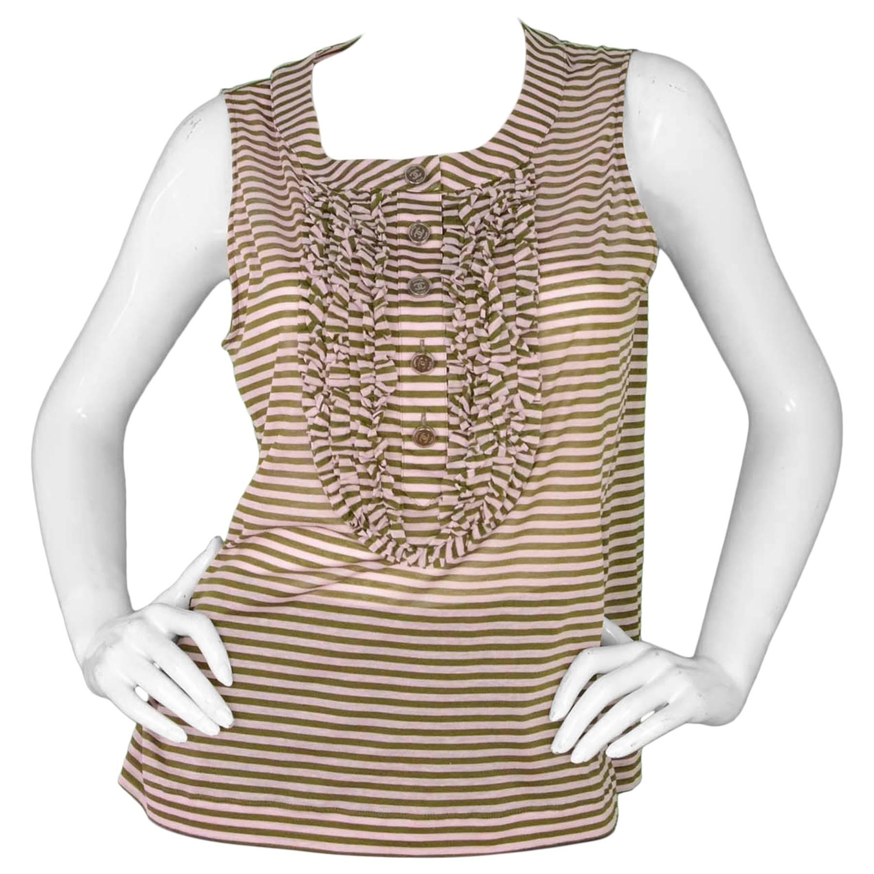 Chanel Pink and Green Sleeveless Striped Top with Ruffles sz 48 rt. $1, 380