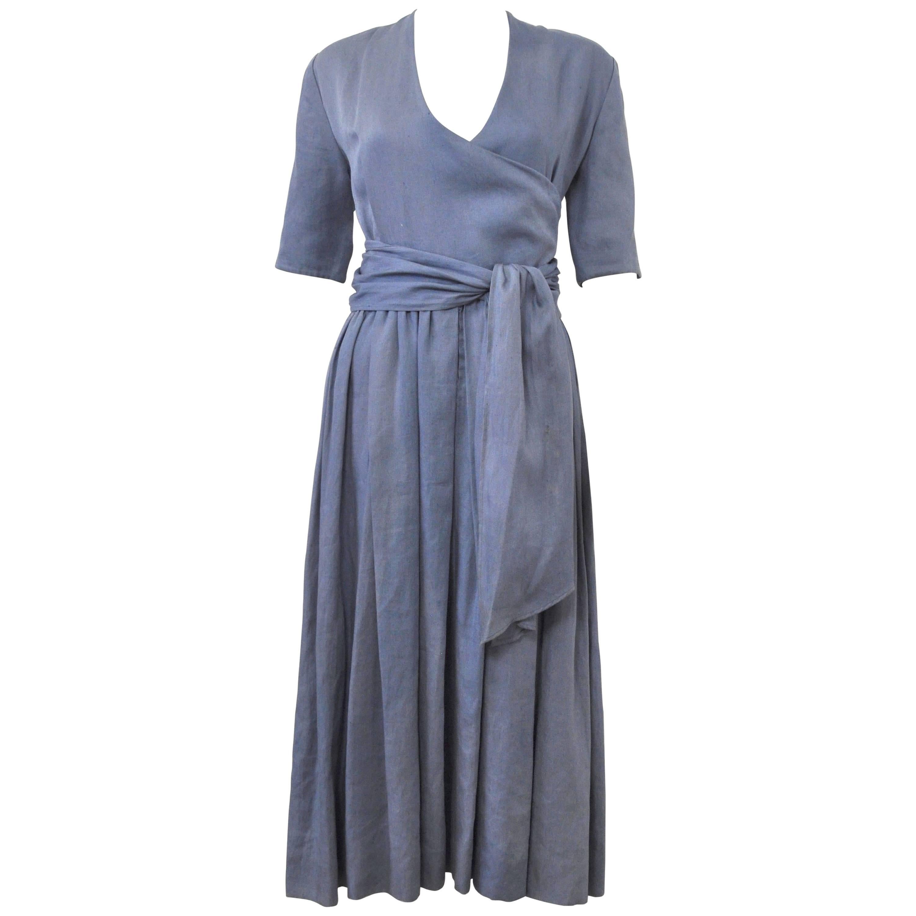 c.1980 Hermes Linen Light Blue Tea Dress with Wrap Belt