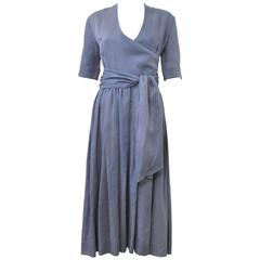 c.1980 Hermes Linen Light Blue Tea Dress with Wrap Belt 