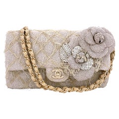 Chanel 2010 Taupe Beige Camellia Straw Raffia Classic Flap Bag GHW 66611
