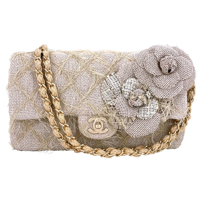 Chanel 2010 Taupe Beige Camellia Straw Raffia Classic Flap Bag GHW 66611 For Sale