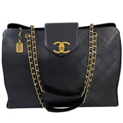 Chanel 1996 Vintage Black Quilted Supermodel XL Weekender Tote Bag 24k GHW 66646
