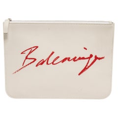 Used Balenciaga White Leather Logo Clutch