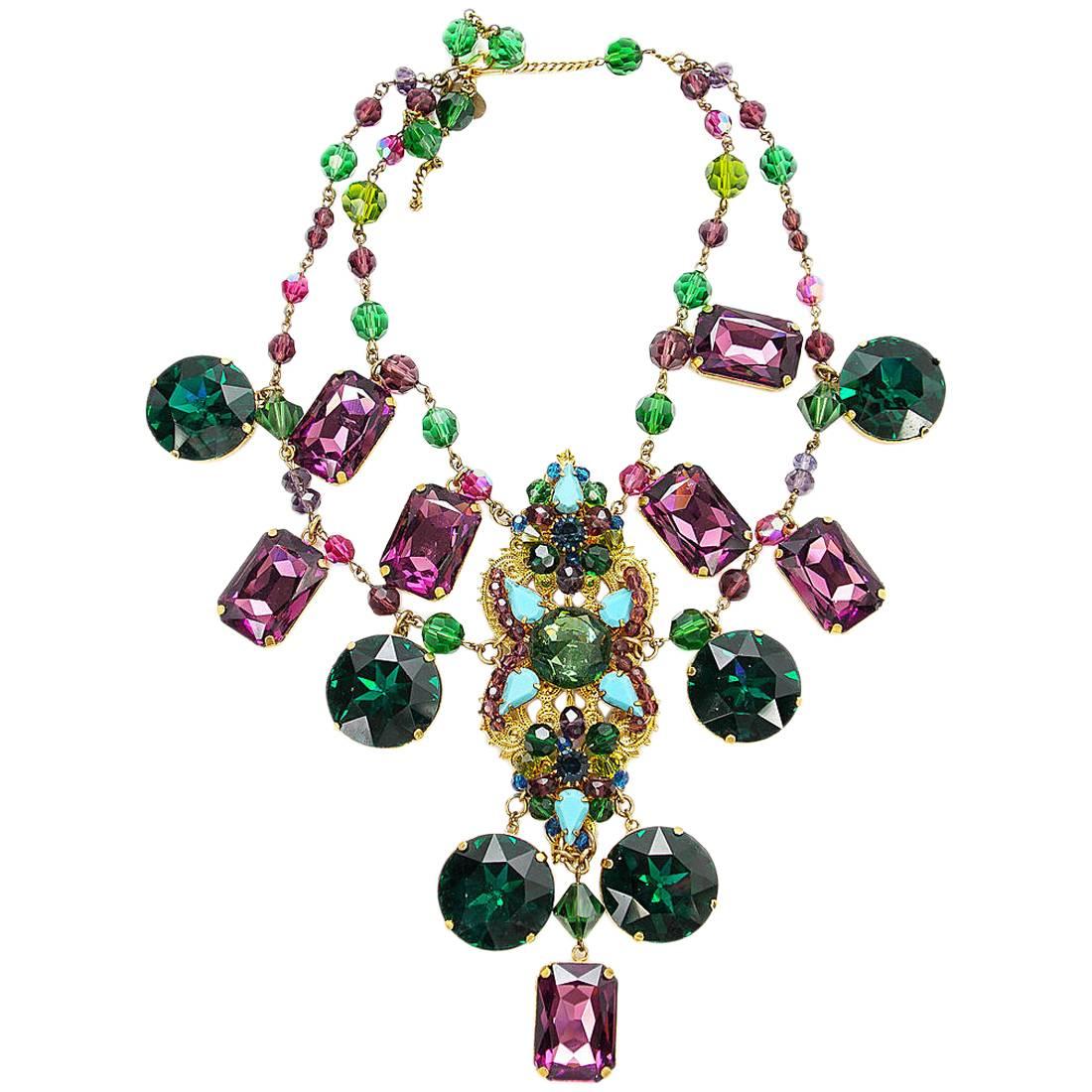 ERICKSON BEAMON Necklace Vintage Faceted Emerald Amythest  Turquiose