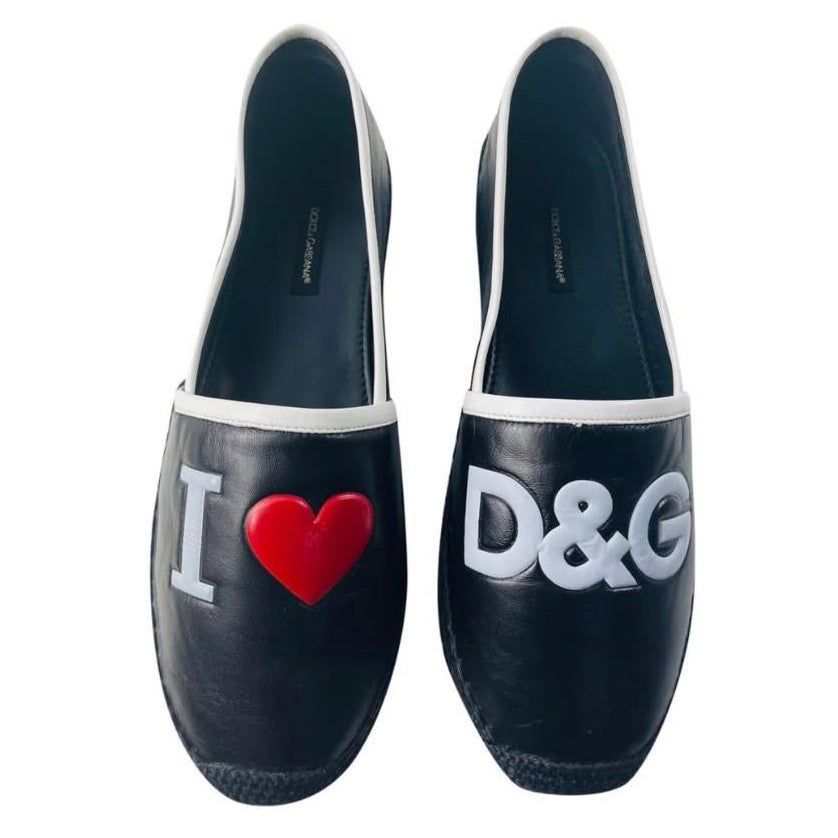 Dolce & Gabbana Black Red Leather Flats Shoes I love DG Logo Heart Italy Low For Sale