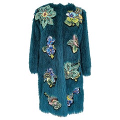 Used Pelush Teal Shaggy Faux Fur Coat With Embroidery Patches - The Small