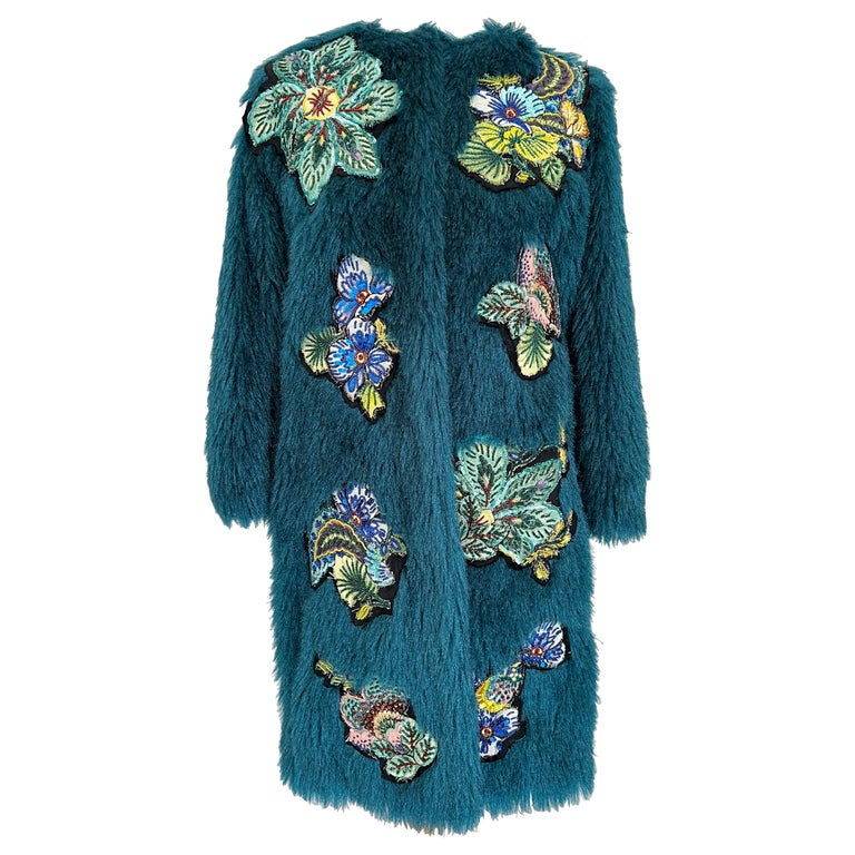 Pelush Teal Shaggy Faux Fur Coat With Embroidery Patches - The Small ...