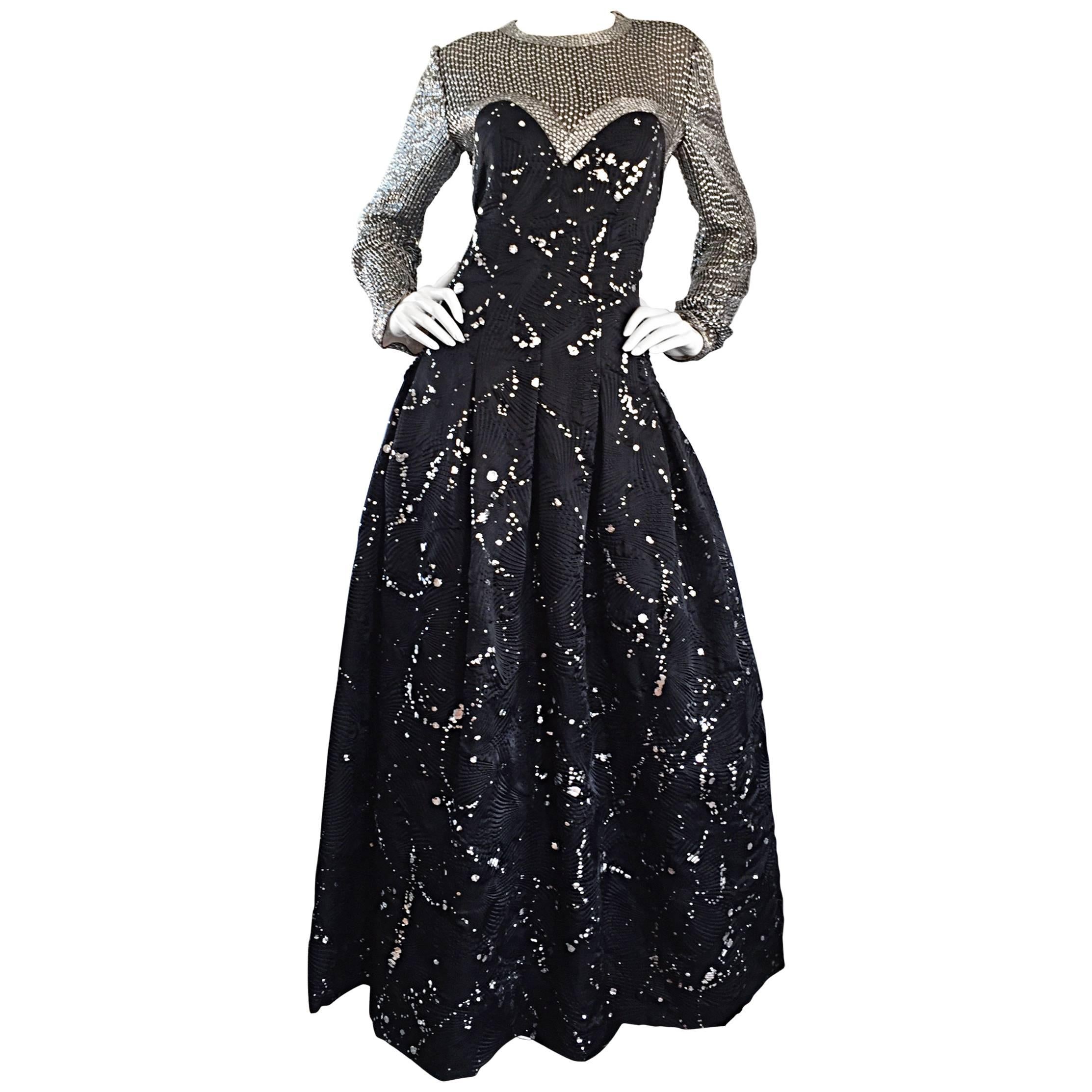 Ann Lawrence Couture Vintage Size 12 Black and Silver Hand Painted Gown