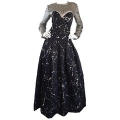 Robe vintage Ann Lawrence Couture noire et argentée peinte à la main, taille 12