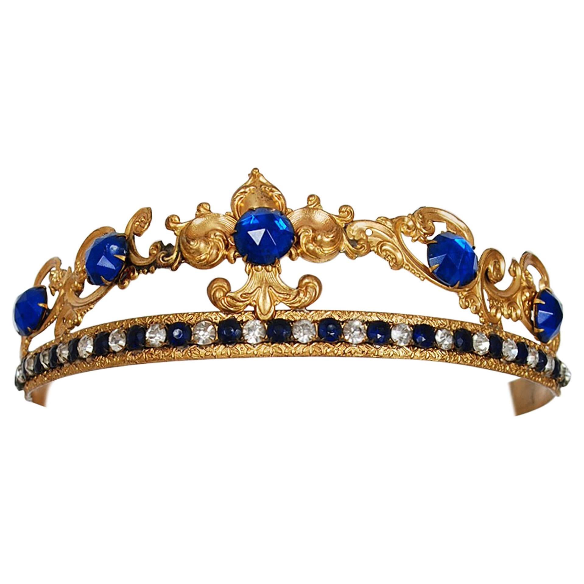 1920's French Fleur-De-Lis Blue Jeweled Gold Brass Deco Flapper Tiara Headpiece