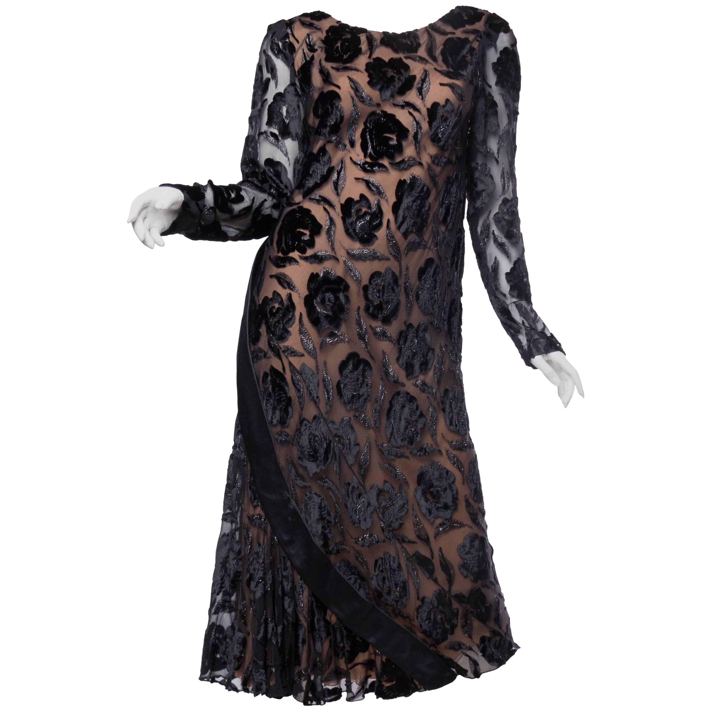 1970S STAVROPOULOS Black Bias Cut Silk Lurex Burnout Velvet Cocktail Dress With For Sale