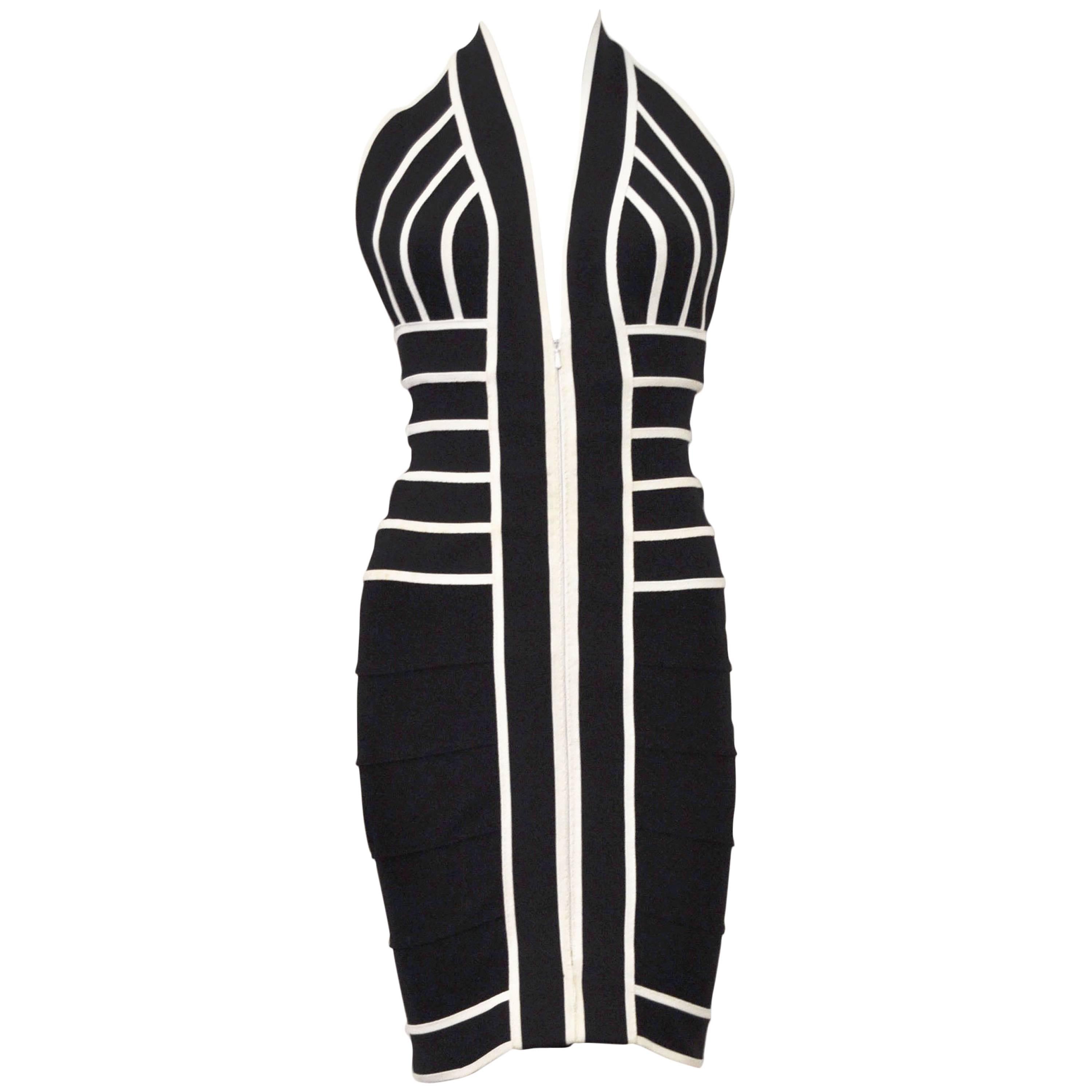 1990s Herve Leger Couture sexy black and white bandage halter-neck dress