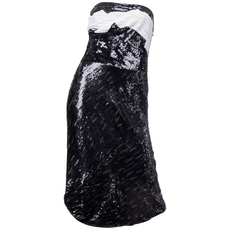 1990S GIORGIO ARMANI Black & White Silk Chiffon Fully Beaded Bias Strapless  Coc