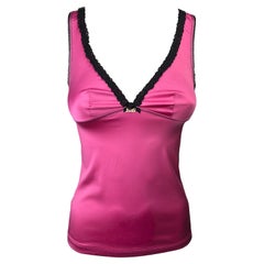 DOLCE&GABBANA – Sexy Pink Tank Top with Black Lace and Golden Monogram  Size XS