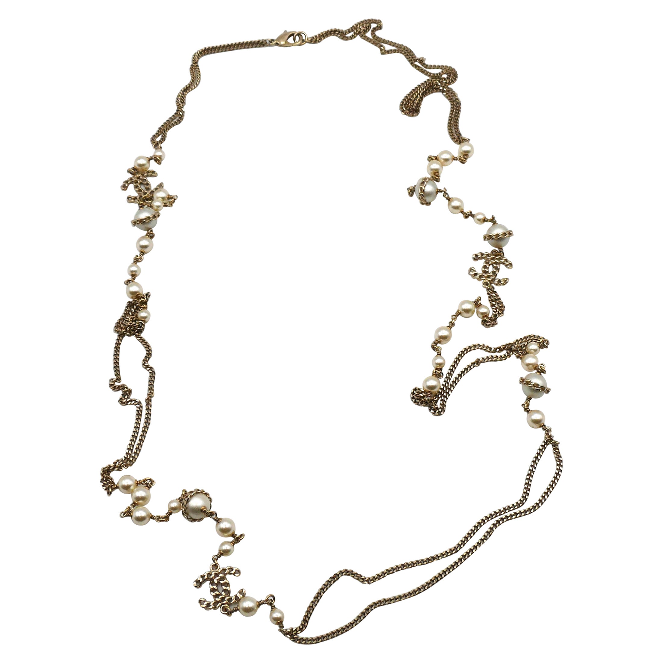 CHANEL by KARL LAGERFELD Chain CC Logos and Faux Pearl Sautoir Necklace, 2016