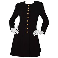 Chanel Vintage Black Button-Down Coat Dress with Pleats at Back