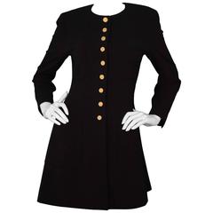 Chanel Vintage Black Button-Down Coat Dress with Pleats at Back 