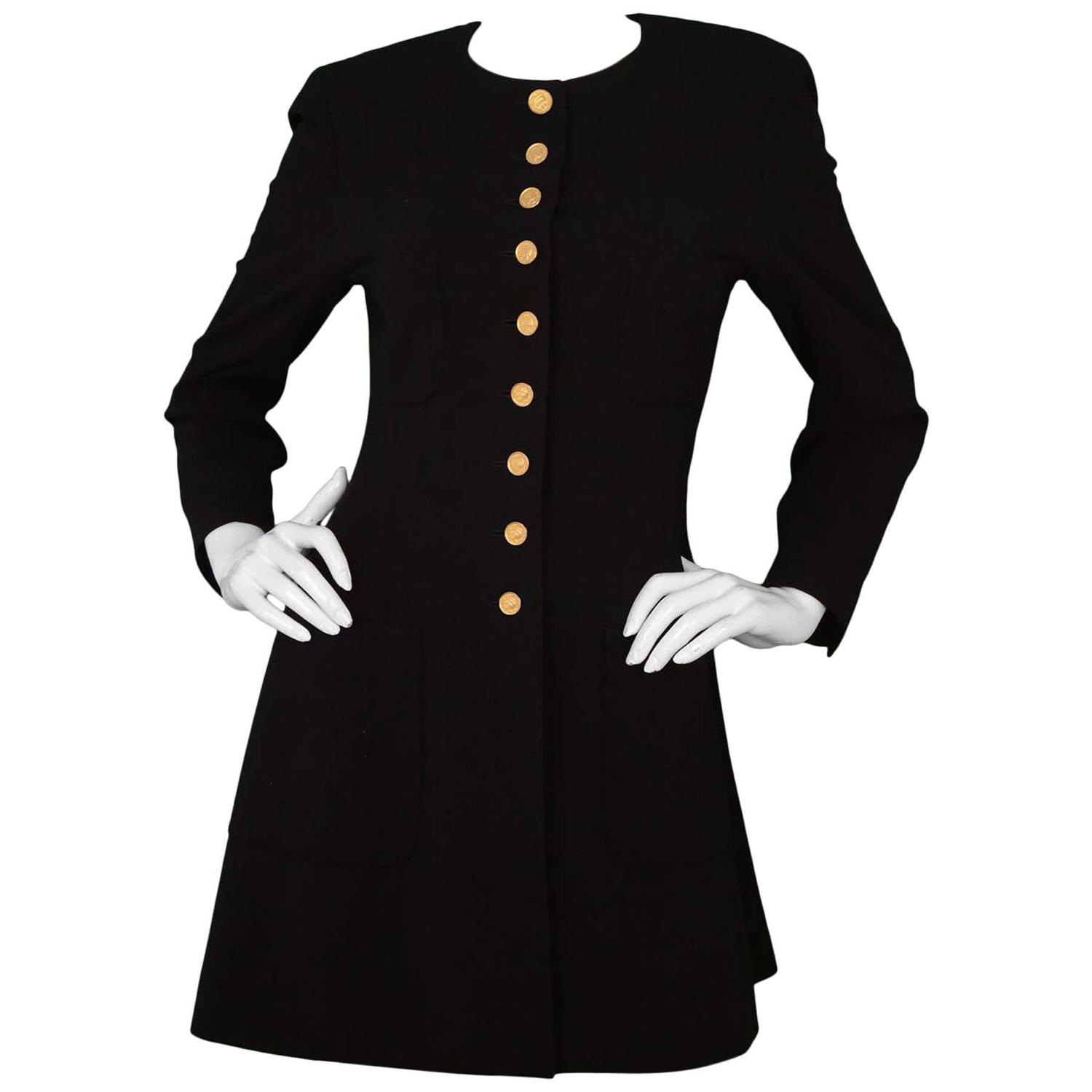 Chanel Vintage Black ButtonDown Coat Dress with Pleats at Back For
