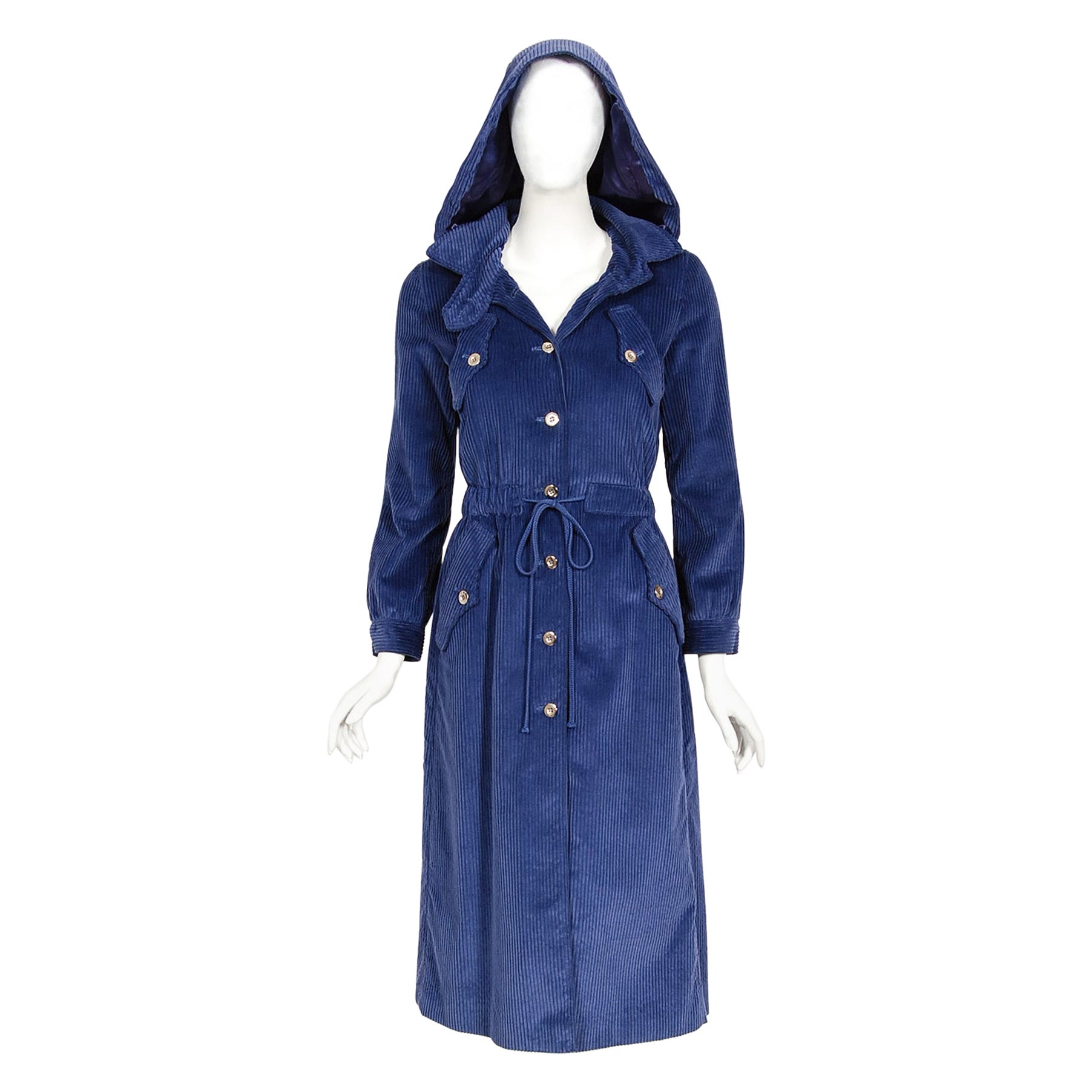 Vintage 1970s Courrèges Navy Blue Corduroy Waist-Tie Detachable Hood Jacket Coat For Sale