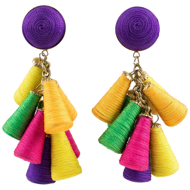 Disco Dangle Multicolor Thread Clip Earrings For Sale at 1stDibs