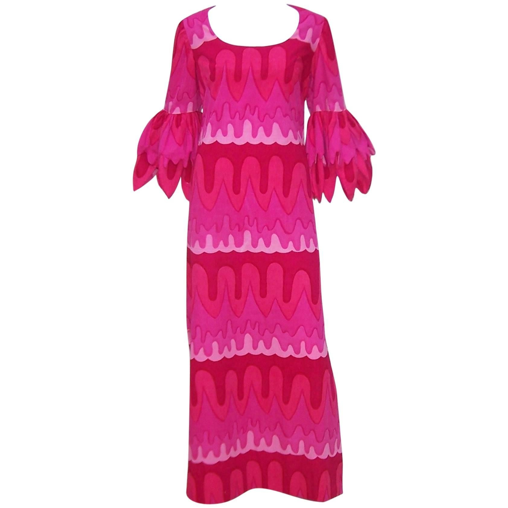 C.1970 Hot Pink Mod Print Maxi Dress With Petal Sleeves