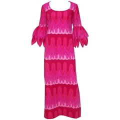 Vintage C.1970 Hot Pink Mod Print Maxi Dress With Petal Sleeves