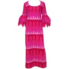 C.1970 Hot Pink Mod Print Maxi Dress With Petal Sleeves