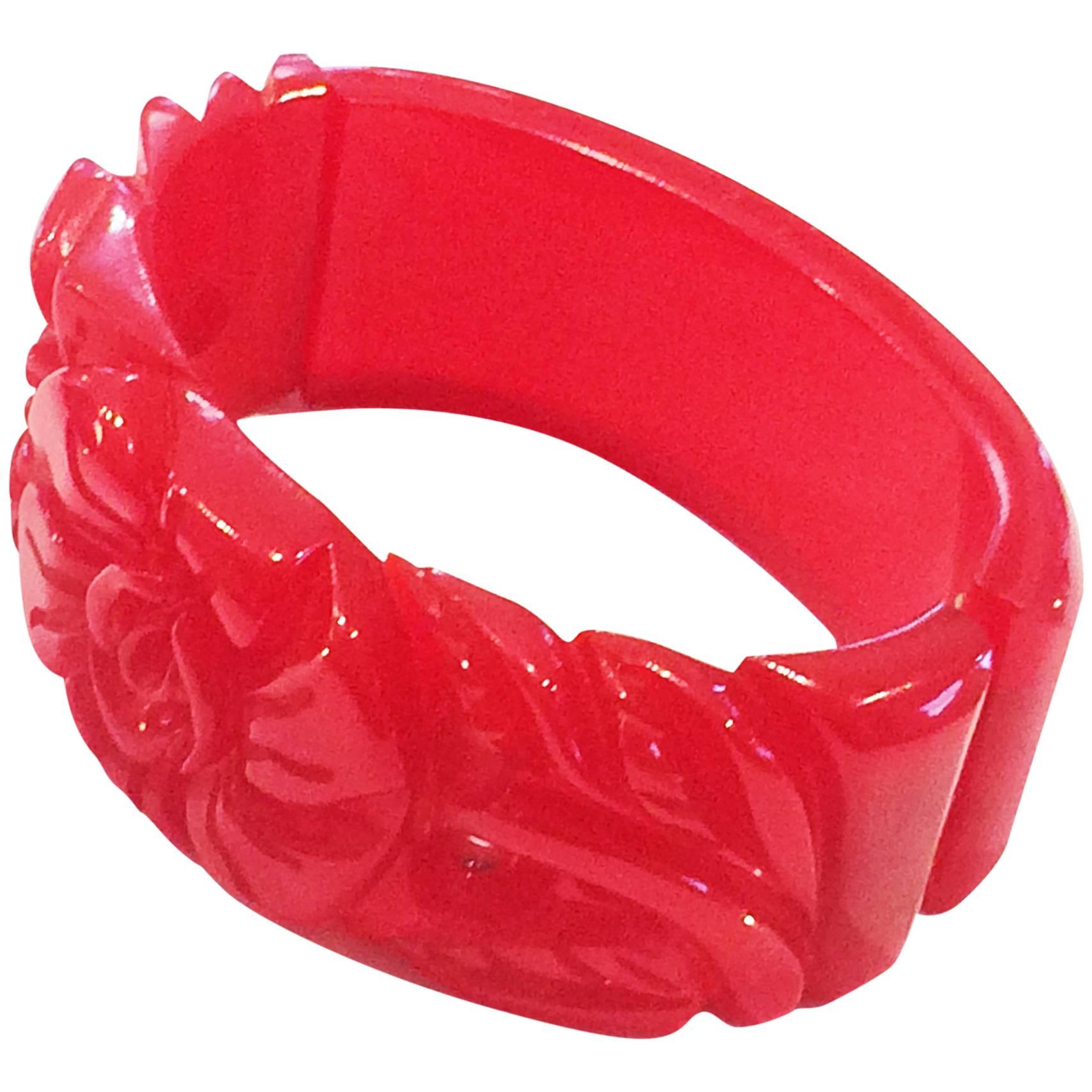 Art Deco Red Rose bakelite hinged bracelet clamper 