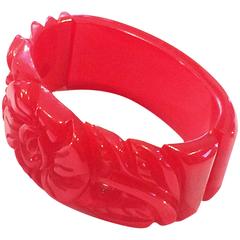 Antique Art Deco Red Rose bakelite hinged bracelet clamper 