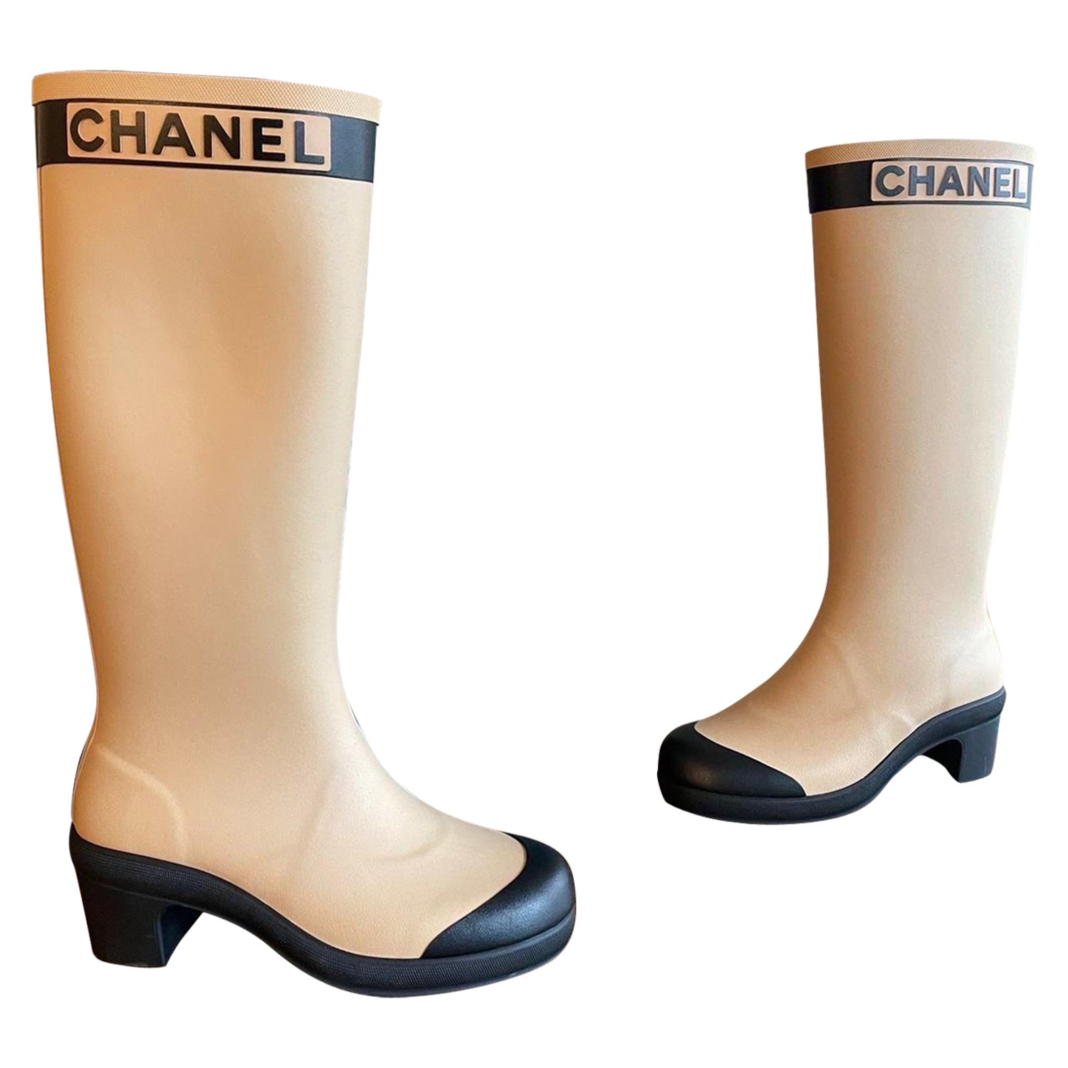 Chanel 22K Dark Beige Caoutchouc White CC Logo High Pull On Rubber Rain  Boots 40