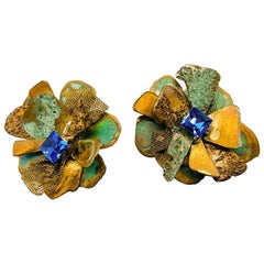 Retro Clip On Earrings in Copper and Sapphire Crystals, 1990s