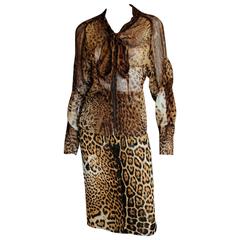 Iconic Tom Ford YSL Rive Gauche SS 2002 Silk Safari Runway Blouse & Skirt! FR 40 12
