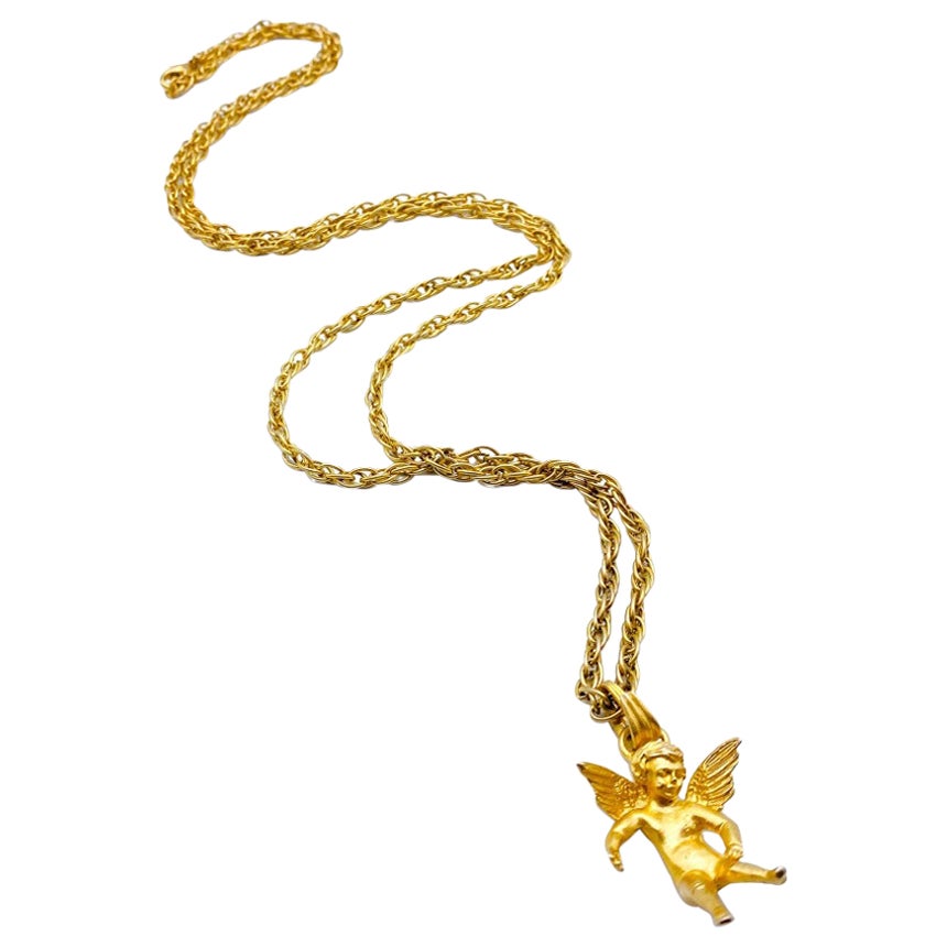 Vintage Gold Tone Cupid Pendant Necklace, 1980s For Sale