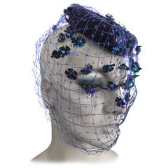 Vintage Bes-Ben Blue Velvet Hat with Embellished Veil