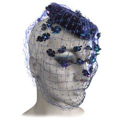 Vintage Bes-Ben Blue Velvet Hat with Embellished Veil 