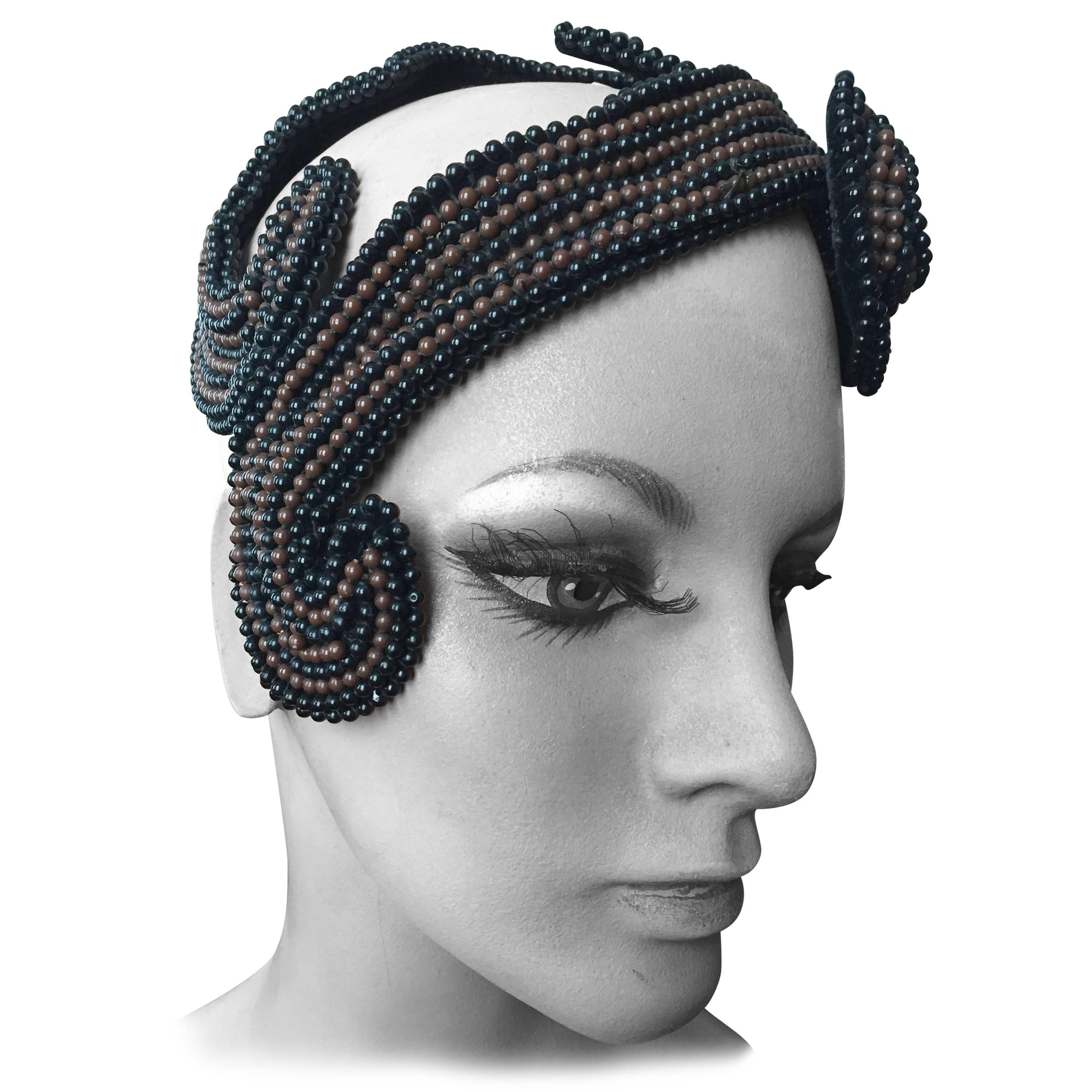 Bes-Ben Brown and Black Beaded Hat 1957 For Sale
