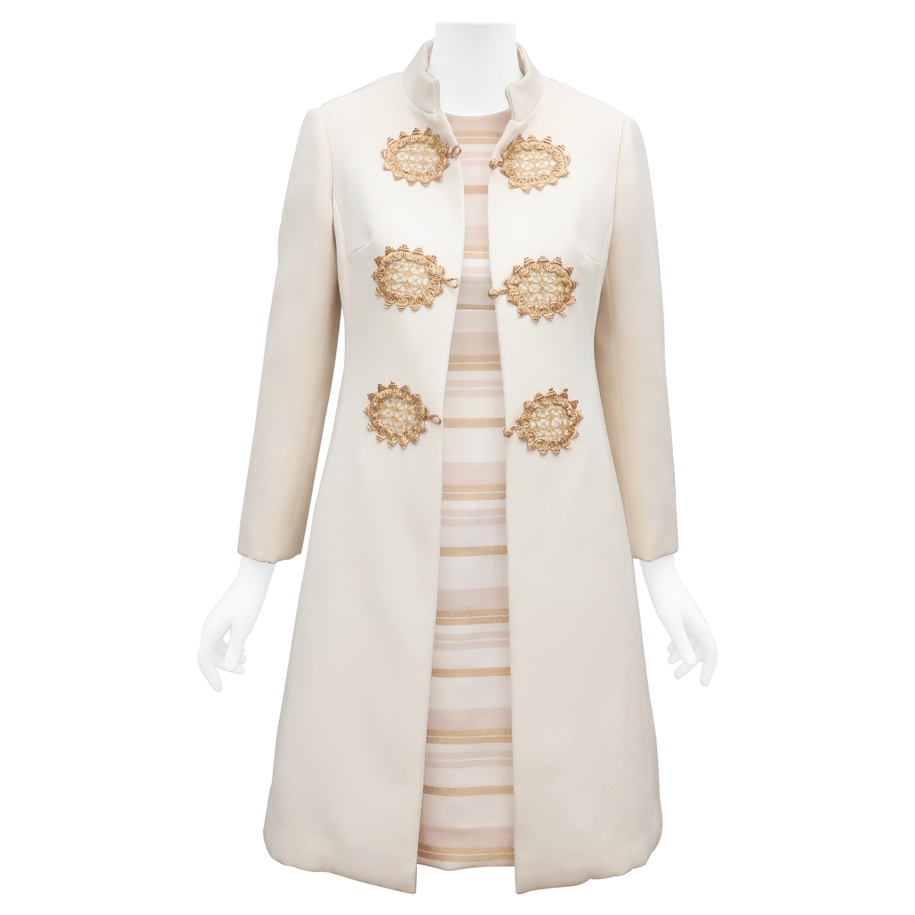 Dynasty Winter White & Gold Dress & Coat Ensemble, 1960's