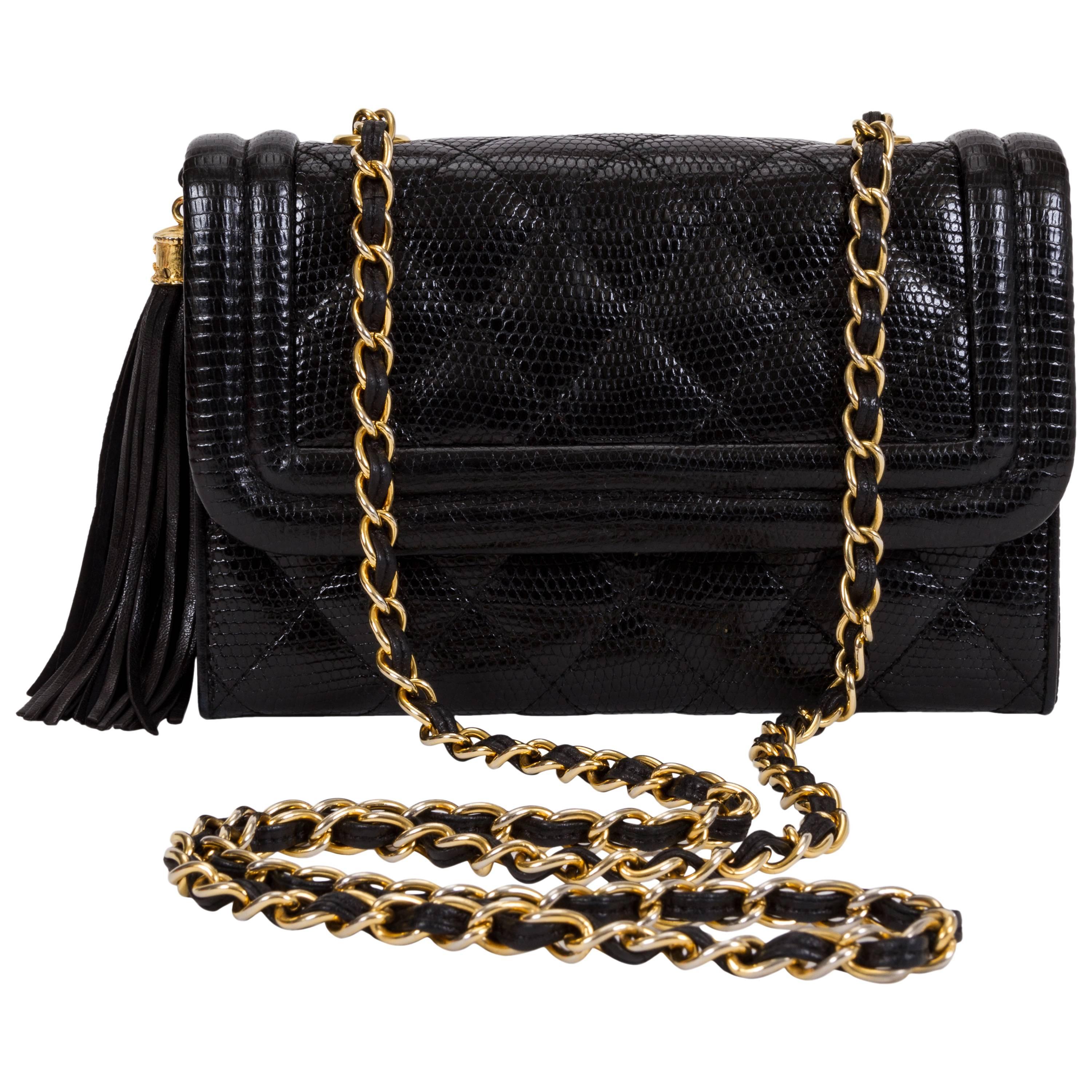 Chanel Black Lizard Evening Tassel Bag