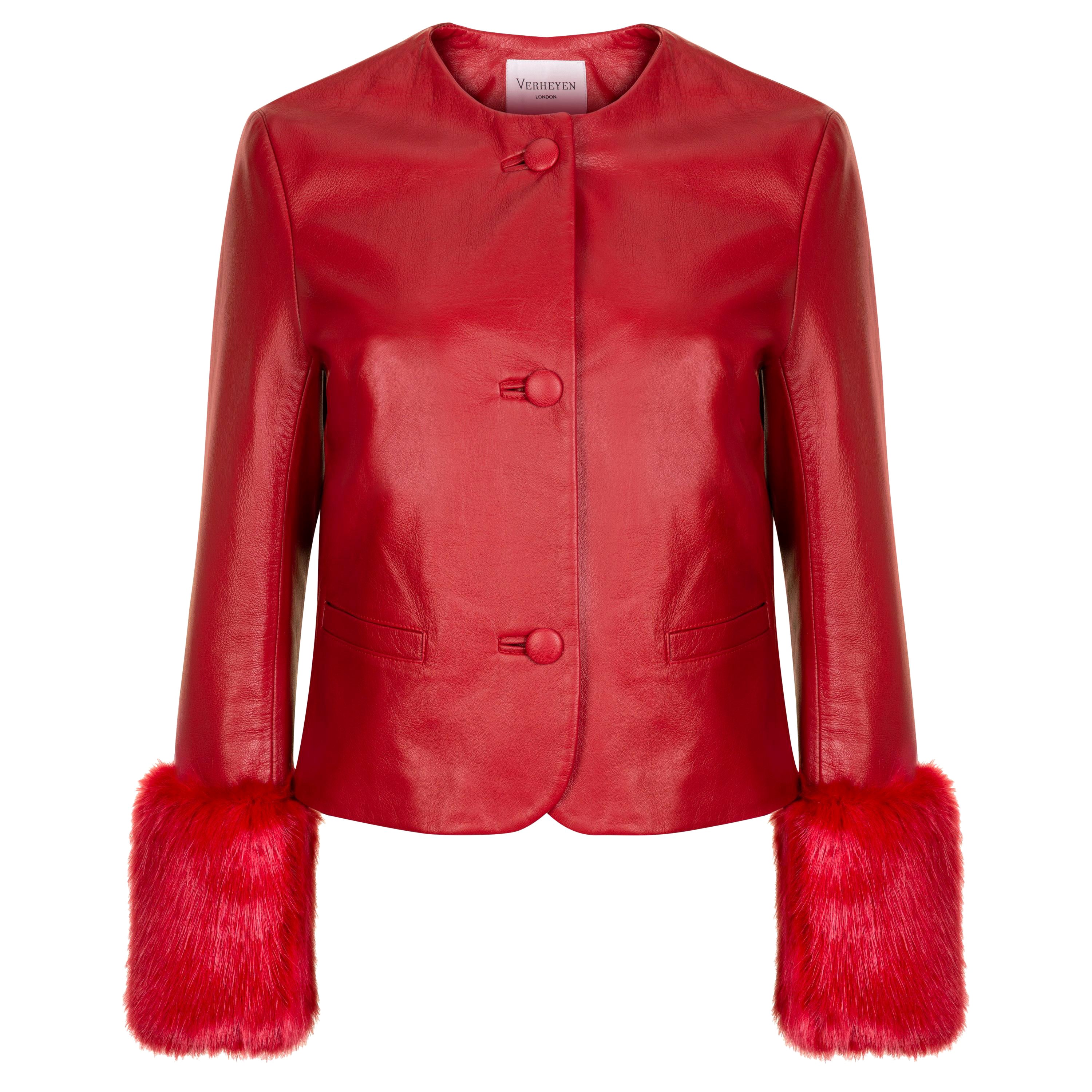 Verheyen Vita Cropped Jacket in Red Leather with Faux Fur - Size uk 12 For Sale