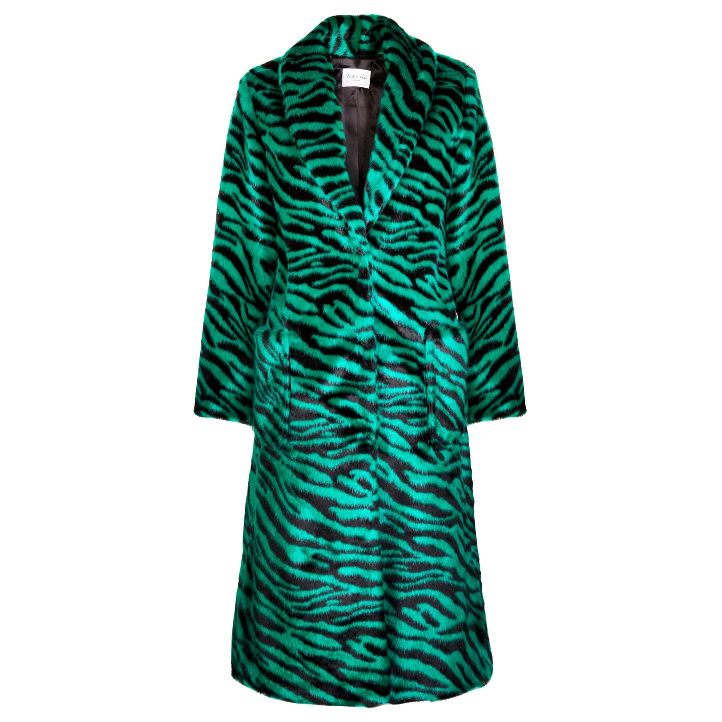 Verheyen London Esmeralda Faux Fur Coat in Emerald Green Zebra Print size uk 12