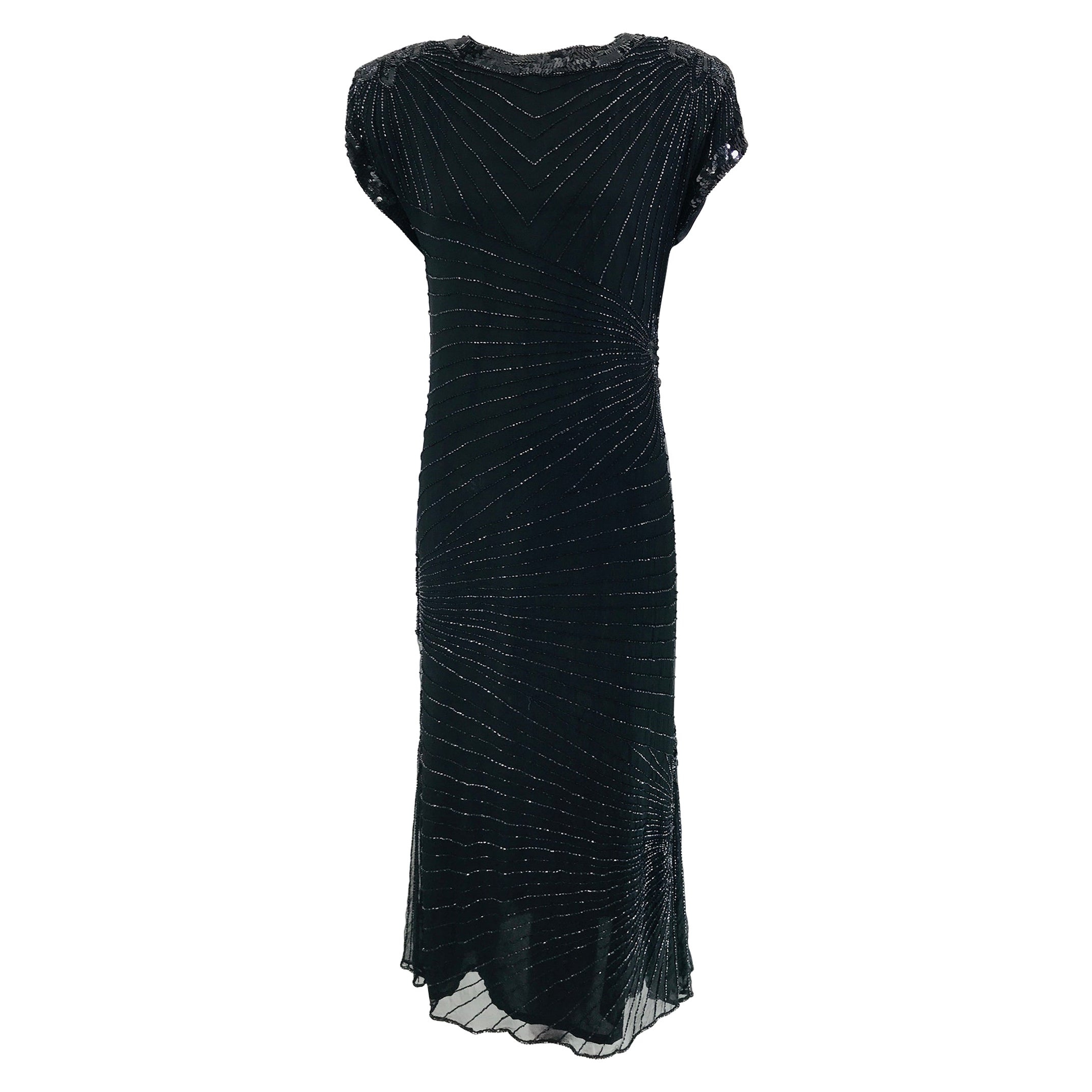 Laurence Kazar Black Silk Beaded and Sequin Circle Back Cocktail Dress ...