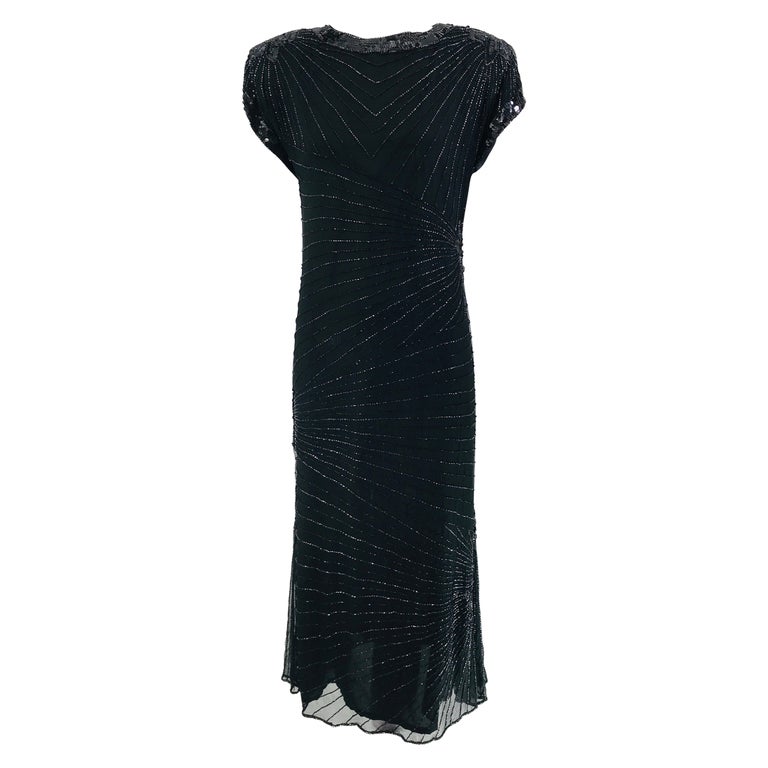 Black Beaded Sequined Silk Jagged Trim Dress by Laurence Kazar main image 1