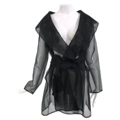 Carmen Marc Valvo Sheer Black Wool Organza Wrap Waist Shawl Collar Jacket 1990s