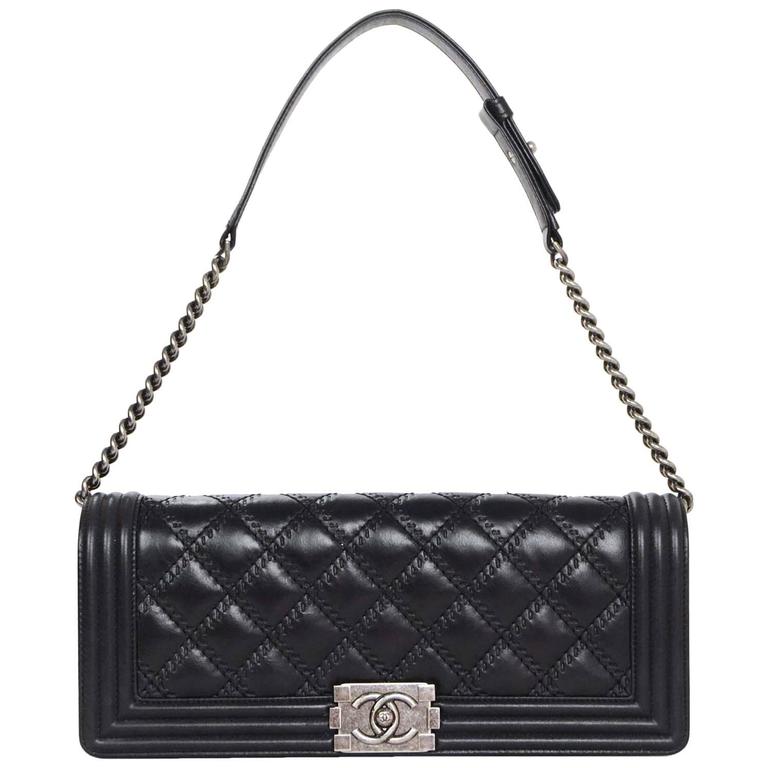 Chanel Black Leather Quilted Long Boy Clutch Bag with Optional Shoulder Strap For Sale at 1stdibs